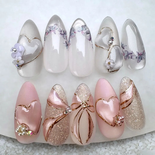 24pcs Star Moon Design False Nail Wave French Mid-length Almond Nails Sets Press on Glitter Smudge Fake Nails Wearable Manicure