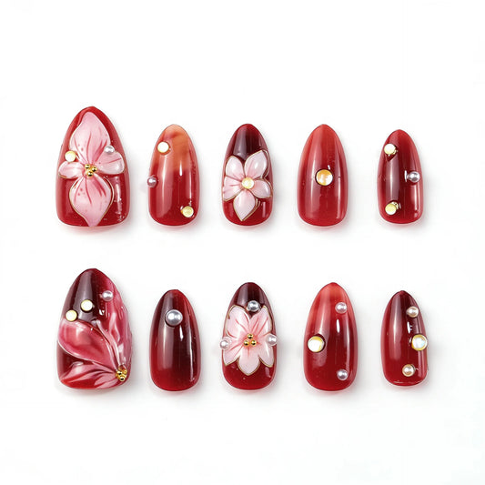 24PCS Press on Acrylic Nails Almond Exquisite Floral Hand Design Pearl Diamond Nail Art Sweet Gentle False Nails for Girl Women