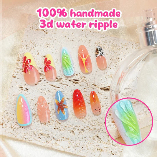 24pcs Ins 3D Starfish Shell Decor Fake Nails Ocean Gradient Press on Nails Full Cover Wearable French Almond False Nail Tips