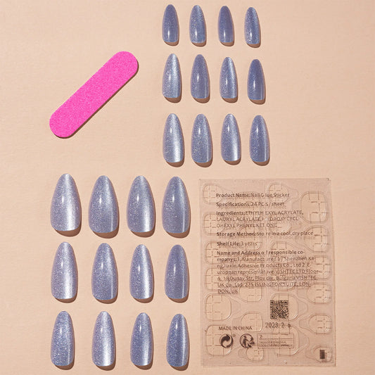 24pcs Purple Cat Eyes Long False Nails Almond Head Fake Nails for Manicure Beauty Supplies Glitter Shiny Artificial Nail Patch