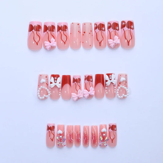 24PCS Pink Heart Press On Nails French Cherry Bow Cute Style false nails Valentines Day sweet Medium Water Pipe square Nail Art