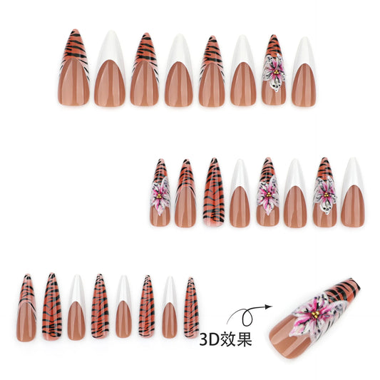24pcs European Press on Nails Autumn Leopard print 3D Flower False Nails Full Cover Wearable Long Almond French Fake Nail Tips