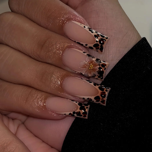 24Pcs Long Square Head Fake Nails Black Edge French Orange Blue Smudge Press on False Nails Detachable Full Cover Nails Tips Art