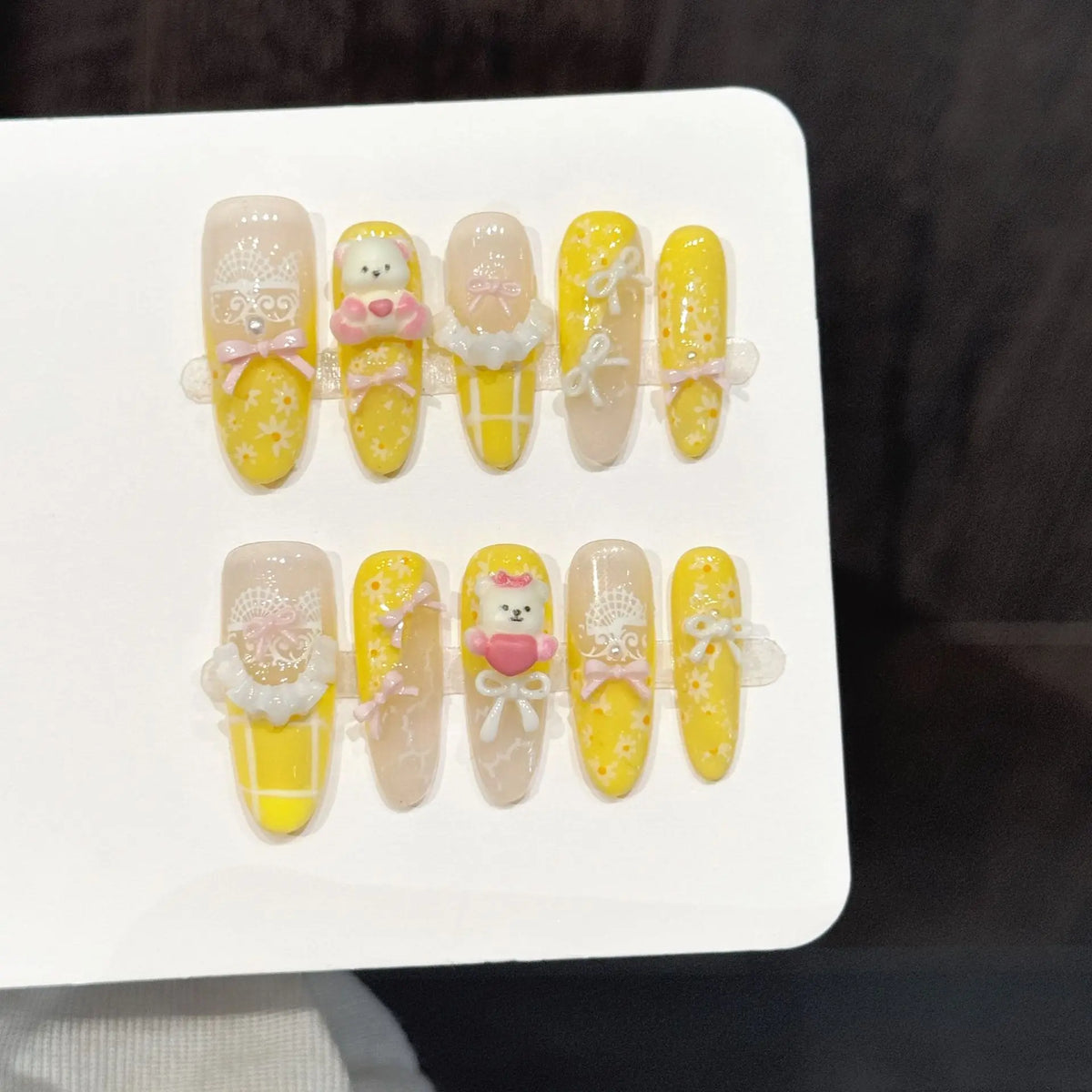 10pcs Light Blue Fragments Floral Press On Nails Handmade 3D Cute Bear Bows Heart Decor False Nail Sweet French Style Fake Nail