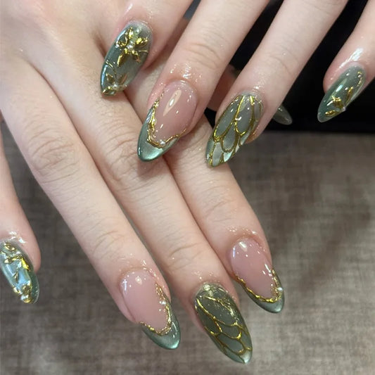 24Pcs Cat-eye Shiny Short Almond Fake Nails Full Cover Red Leaf Flower Pattern Pearl Nail Art Nail Sticker Wearing Press on Nail