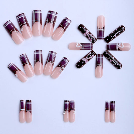 24pcs Sweet Cool Girls False Nails Purple Plaid French Style Polka Dot Square Fake Nails With Bowknots Heart Decor Press On Nail
