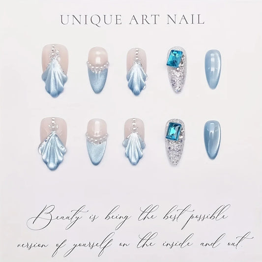 10pcs high-end French blue cat's eye shell pearls handmade fake nails, Blue nail decoration patches for women