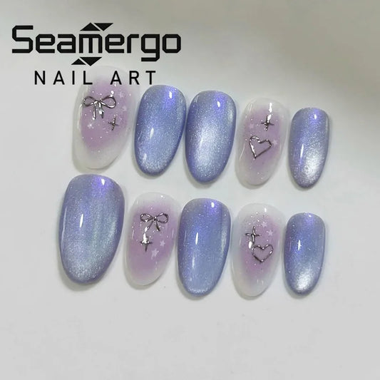24PCS Medium Almond Purple Blue Cat Eye Press on Nails Bow Heart Star Print Gradient Sweet Coquette Style Reusable False Nails