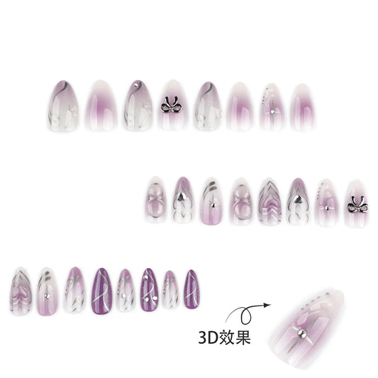 24pcs Y2k Purple Smudging False Nails Silver Stripes Metal Bowknots Decor Press On Nails Punk Style Almond Spicy Girl Fake Nail