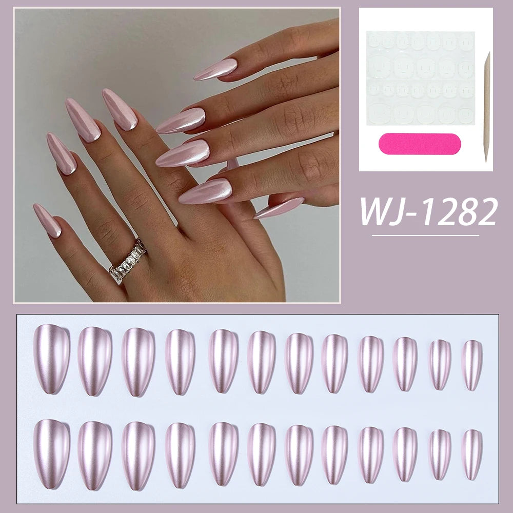 24pcs/Set Y2K Style Pink Magic Metal Chrome Shiny Medium Almond Press On Nails Holographic Nail Dust Ice Neon Mermaid Mirror Gli