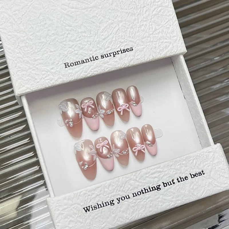 Ribbon – Bow Cat Eye French Almond Press-On Nails