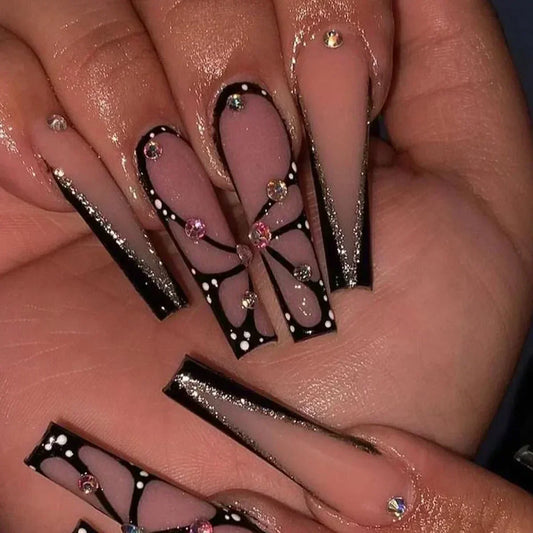 24Pcs Long Ballet False Nails Pink Butterfly with Rhinestones French Design Wearable Fake Nails Glitter Press on Nails Tips Art