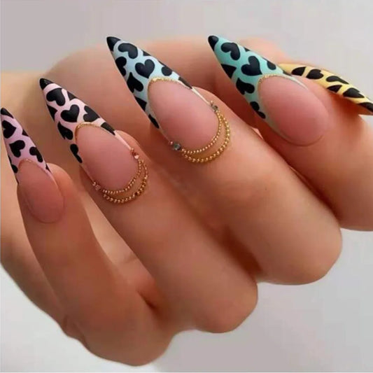 24pcs Datachable Press on Nails Long Stiletto False Nail with Ins Flower Bird Design Manicure Black White Almond Fake Nails Art