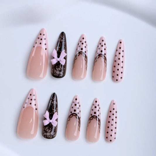 24pcs Black Polka Dot Lace Design False Nails Sweet Cool Pink French Style Almond Fake Nails With 3D Bowknot Decor Press On Nail