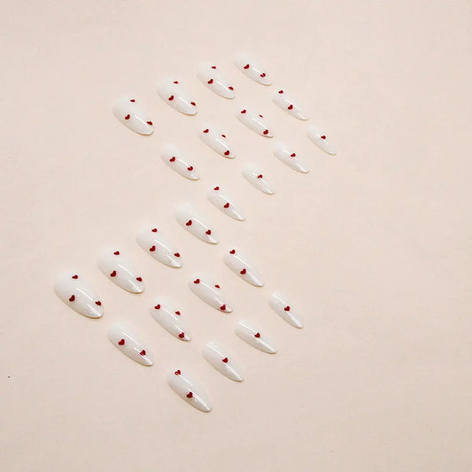 24PCS Almond Nail White Full Coverage Nail Press Red Heart-Shaped Nail Gloss Simple Paste Nail Suitable For Women