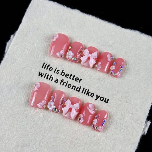 10pcs high-end Cute Princess Style, hand-painted patterns, three-dimensional bow, shiny sparkly diamonds handmade fake nails