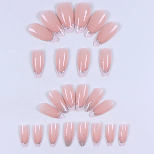 24 Pieces Of Medium-Sized Almond-Shaped Press-On Nail Tips In Nude Color With A Gradient Of Glittering Pink Spots