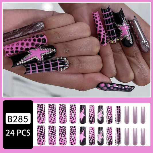 24pcs Gothicpunk Long Ballet False Nails Black Purple Color Star Printed Press on Nails Reusable European Fake Nail Patches