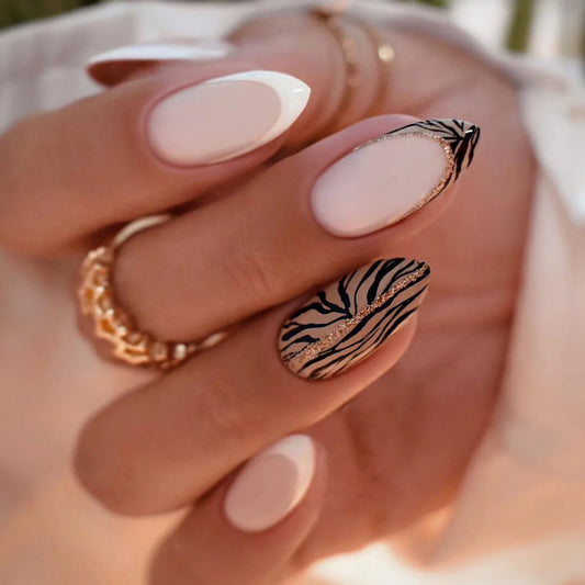 24pcs Short Almond Full Cover Nail Tips Simple Flower Design Fake Nails Art Pearl False Nail Reusable French Press on Nails Sets