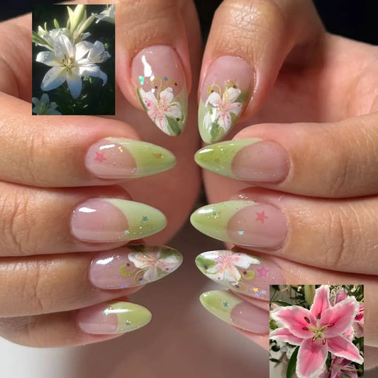 24Pcs Yellow Flower Pearl Design Press on Fake Nails Mid-length Almond False Nails White French Detachable Full Cover Nails Tips