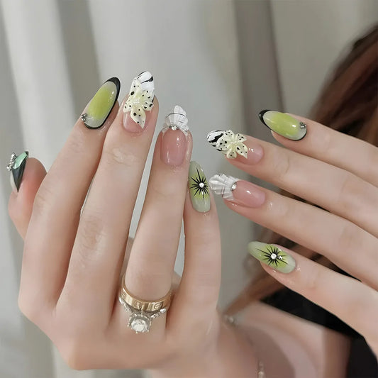 24pcs Short Oval False Nails Blue French Fake Nail Set Finished Simple Flower Stripes Design Press on Nails Tips Almond Manicure