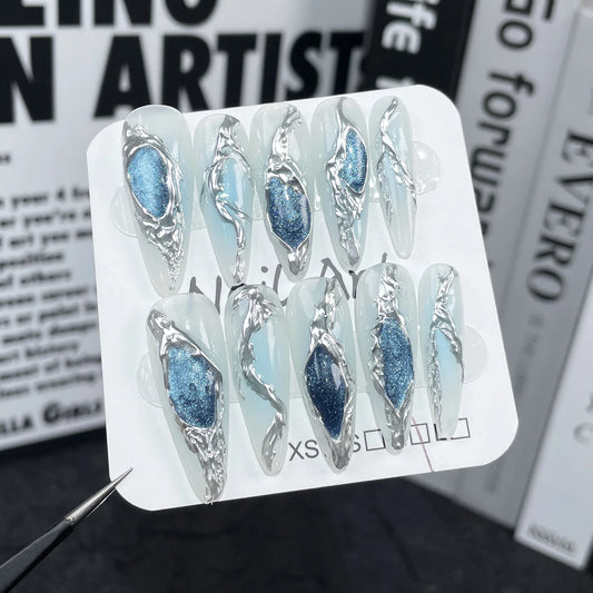 10Pcs Long Stiletto Blue Fake Nails Handmade Heavy Metal Press on Nails Glitter Wearable False Nails Y2K Girls DIY Manicure