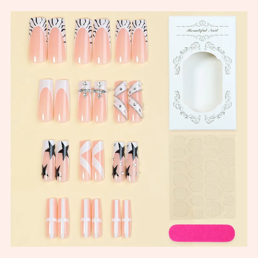 24PCS Long Square Press on False Nails Y2k Black Star Cross Chain with Rhinestone Fake Nails Nude White French Tip Acrylic Nails