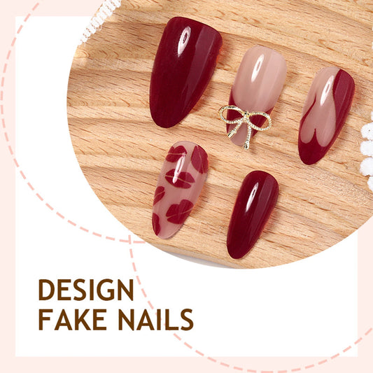 30pcs Red Lip Printed False Nails For Valentine's Day Wine-red French Style Almond Press On Nails Women Girls Sweet Fake Nail