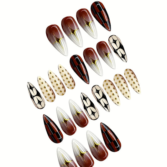 24pcs Ins Almond Press on Nails Gradient Brown Fake Nail Tips for Girl Wearable Reusable Spicy Girls False Nails Patches