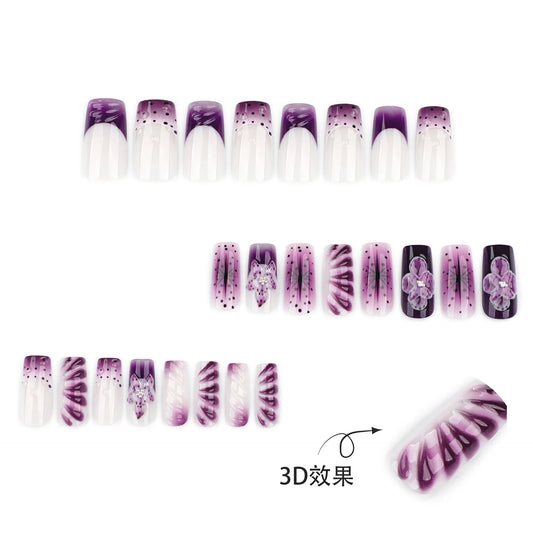 24pcs Devil Flower Printed Press On Nails Gradient Purple French Style Medium Square False Nails European Detachable Fake Nail
