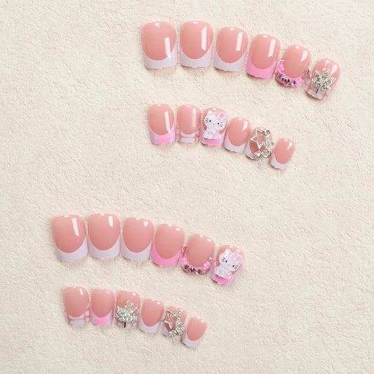 24Pcs Short Square Nail Alloy Pentagram Maple Leaf Nail Art Patch Stereo Cartoon Hellokitty Wear Armor