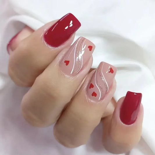 24pcs Blue Love Design False Nails Tips Datachable Fashion Short Ballet Press on Nails Art Simple Square Coffin Fake Nail Sets