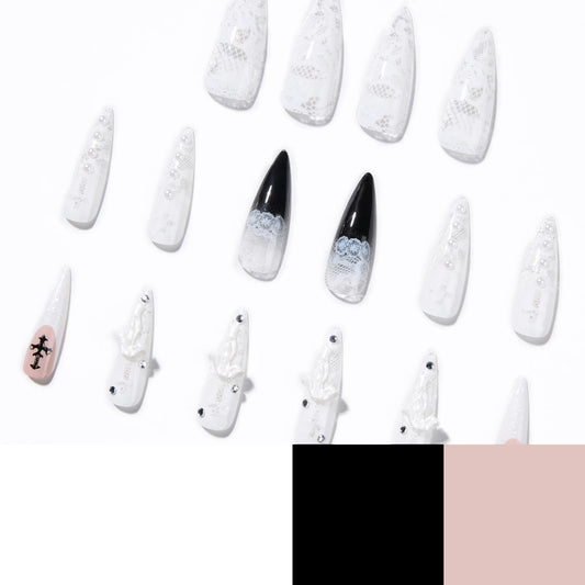 24pcs Dark Punk Style Press On Nails White Lace Cross Printed 3D Bowknots Decor Fake Nails Long Pointed Spicy Girl False Nail