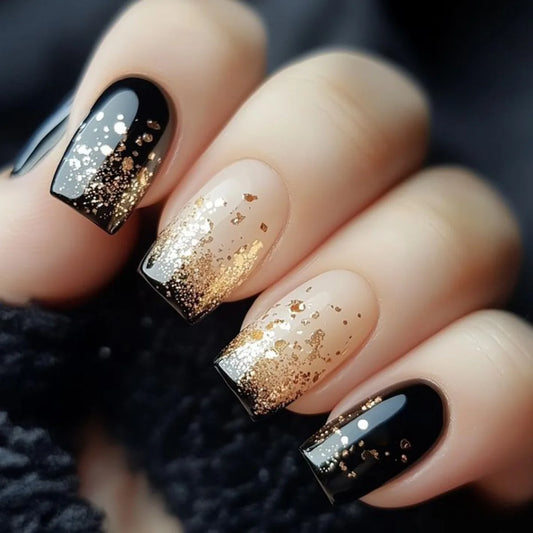 24Pcs Medium Square Fashion Black Manicure Gradient Brown with Cat's Eye Leopard Print Detachable False Nails Stickers for Women