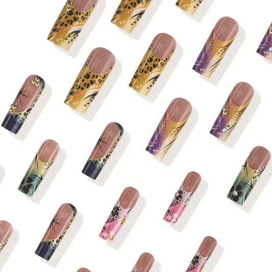 24pcs European Long Coffin Press On Nails Color Flower Leopard Print Fake Nail Tips for Women Wearable False Nails Patches