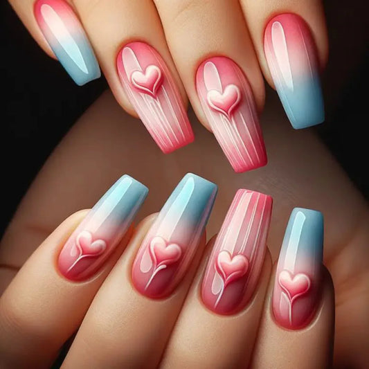 24pcs Pink Full Cover Nail Sets with Love Pattern Design False Nails Ballet Fake Nail Simple Mid-length Square Press on Nails