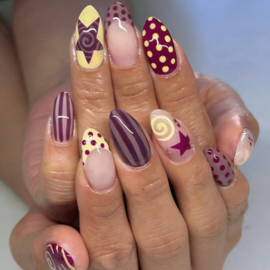 24Pcs Blue Almond False Nails Yellow French Press On Nails Five-pointed Star/Polka Dot Printed Y2K Girls Finished Fake Nails
