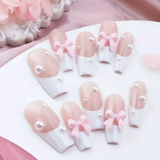 10pcs high-end French long white pearl bow handmade fake nails, Girly ballet sweet pink streak nail piece
