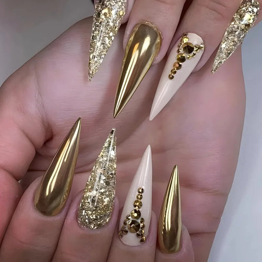 24Pcs Long Stiletto Blue Edge French Press on Fake Nails Plum Blossom with Design False Nails Detachable Full Cover Nails Tips