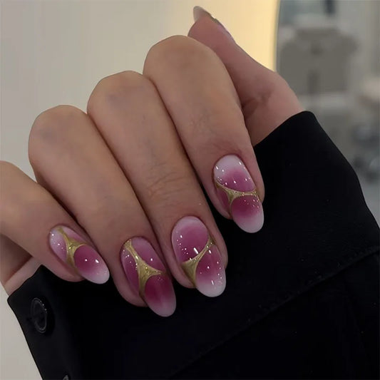 24Pcs Mid-length Almond Fake Nails Press on Grid French Strawberry Cherry Full Cover Nails Tips Polka Dot Detachable False Nails