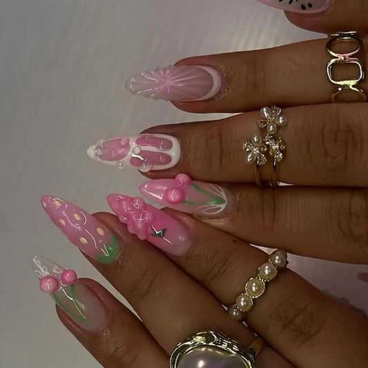 10PCS Medium Almond With Fruits Style Fake Nails-Make Your Fingers Look Stylish-1pc Nail File & 1Nail Glue Sticker Kit Nails