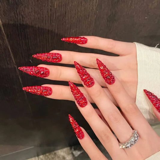 10pcs high-end Light luxury red long style handmade fake nails, Red nail decoration patches for girls