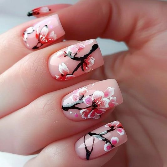 24Pcs Simple Flowers with Design Manicure Tips White French Press on False Nails Tips Square Head Wearable Full Cover Fake Nails