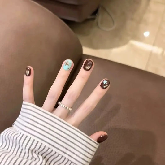 10pcs high-end Small brown water droplets handmade French Tip Nails, Short dark-colored nail art