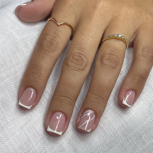 24pcs White French Fake Nails with Diamond Design Tips Press on Nails Short Square Full Cover Nail Glitter Bow Ballet False Nail