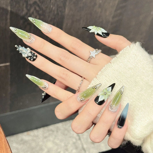 10pcs Handmade Long Pointed Press on Nails Cyberpunk Metal Bead Design False Nails Wearable 3D Green Flower Decor Fake Nail Tips