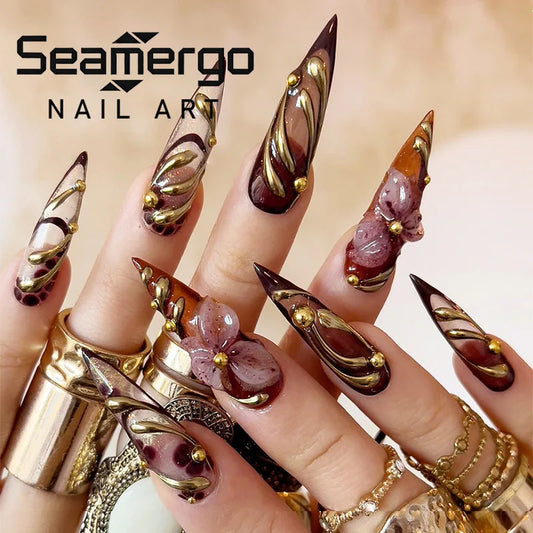 24PCS Light Luxury Burgundy Flower 3D Press on Acrylic Nails Stiletto European American Cool Fake Nails Golden Lines False Nails