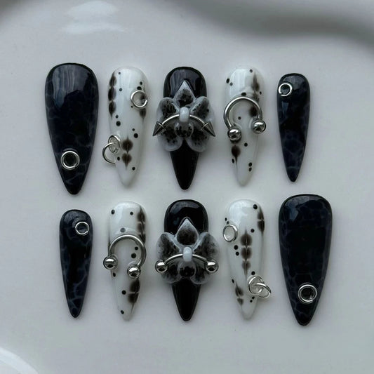 10Pcs Y2K Stiletto 3D Flower Punk Bolt Press On Nails English Letters Steel Ball Fashion High-End Handmade Fake Nails