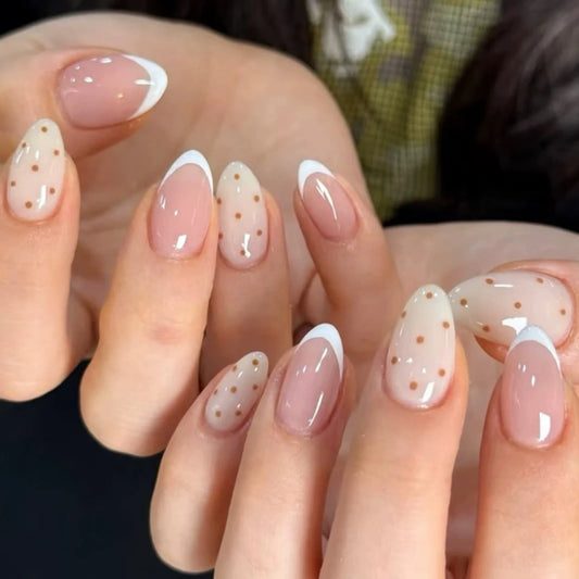 24Pcs French Tip Flower Nails Polka Dot Press on Nails Short Almond False Nails Manicure Accessories for Weddings Parties
