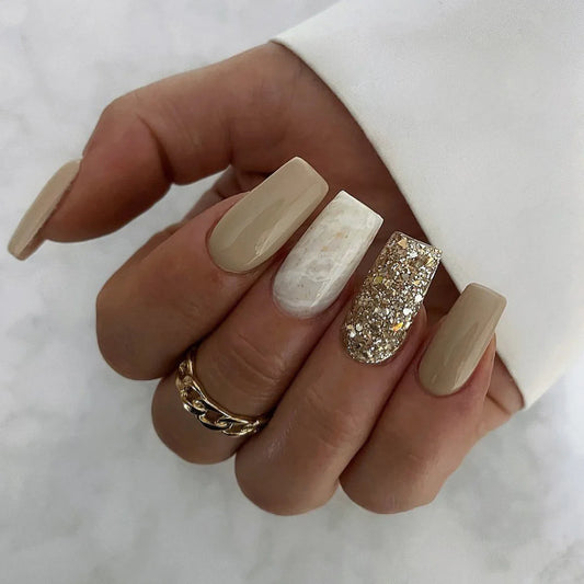 24Pcs Mid-length Square Head Full Cover Nails Tips White French Smudge Flower Design Fake Nail Art Reusable Press on False Nails